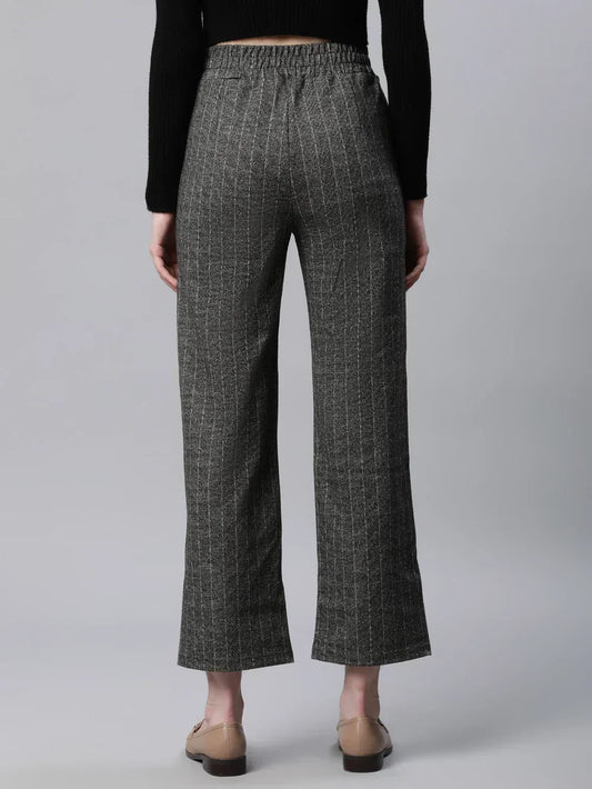 Striped High Rise Dark Grey Straight Trousers