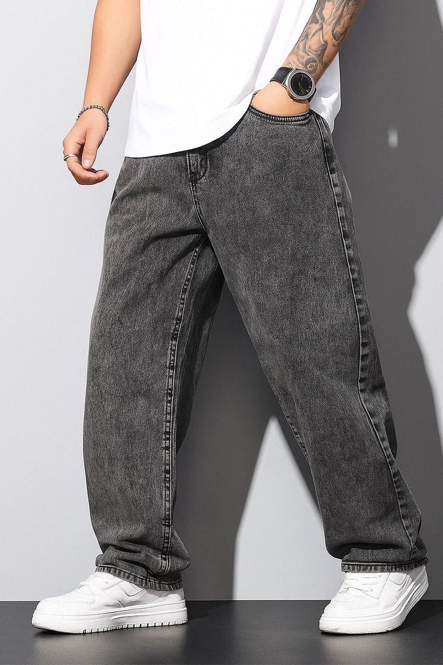 Dark Grey Acid-Wash Baggy Fit Jeans