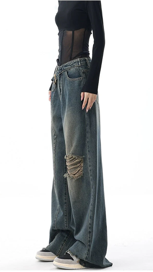 Off Beat Distressed Blue Baggy Jeans