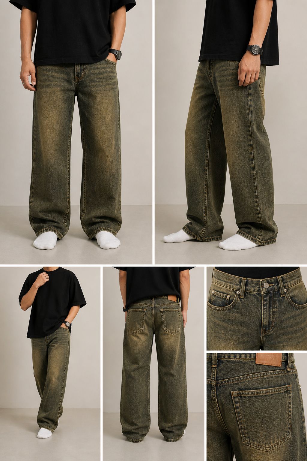 Olive-Brown Dirty-Wash Baggy Jeans