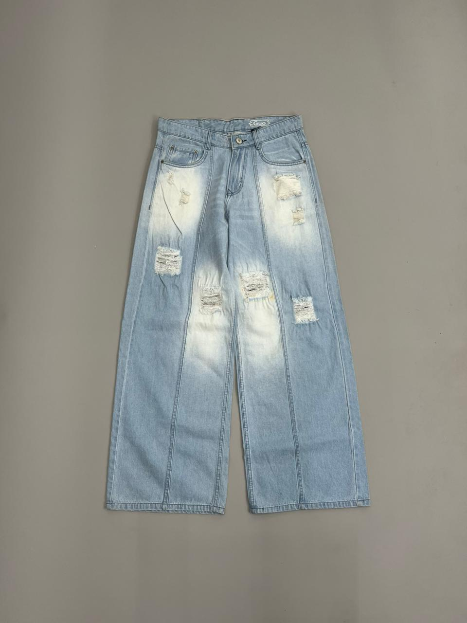 Light Blue Wide-Leg Patch-Seam Baggy Fit Jeans