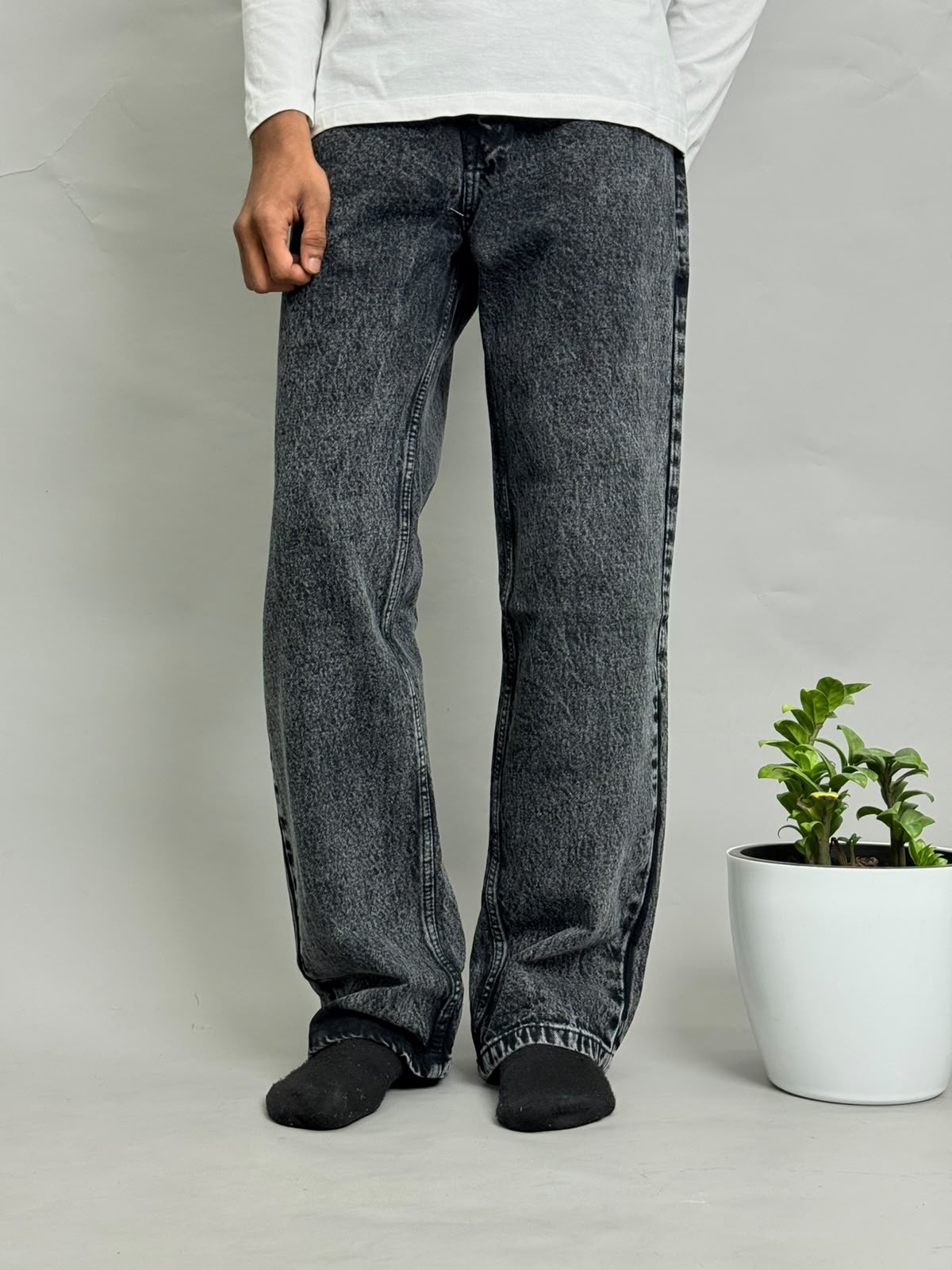 Dark Grey Acid-Wash Baggy Jeans