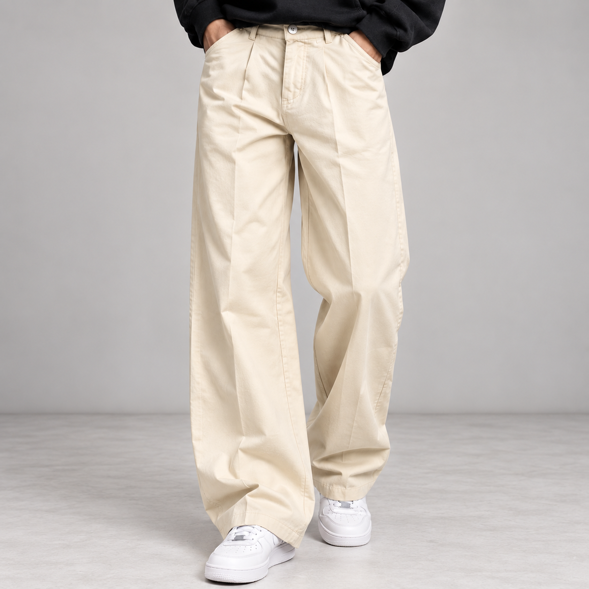 Cream Pleated Wide-Leg Trousers