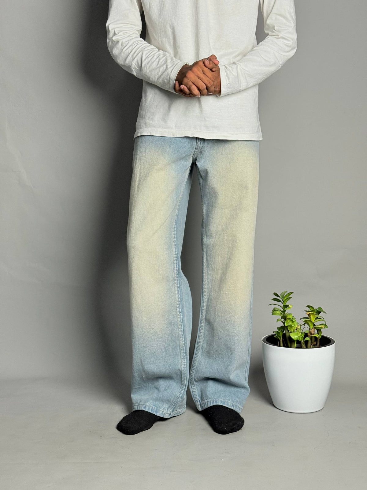 Sky Blue With Yellow Shade Straight Fit Jeans