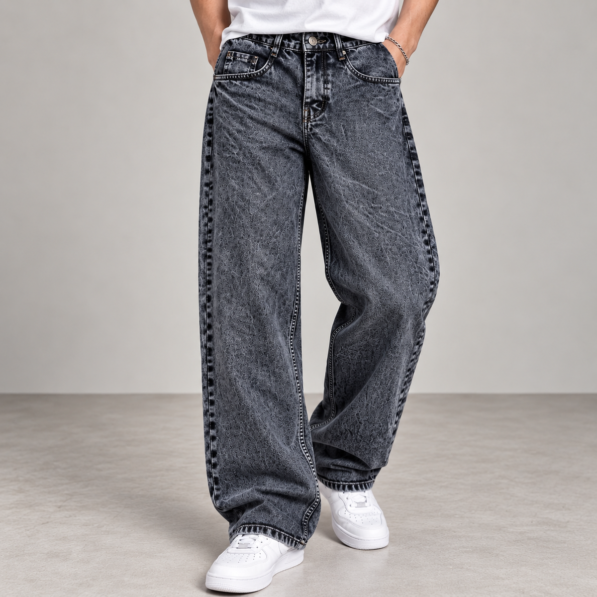 Dark Grey-Black Acid-Wash Baggy Fit Jeans