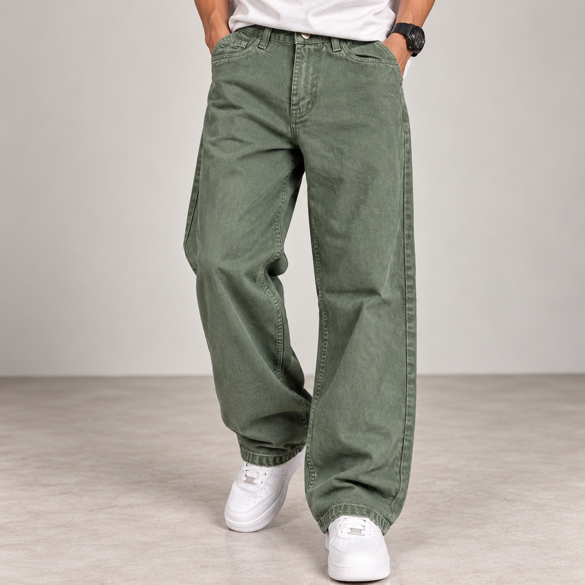 Light Green Baggy Fit Faded-Wash Jeans