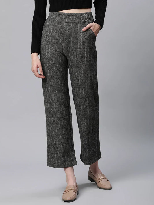 Striped High Rise Dark Grey Straight Trousers