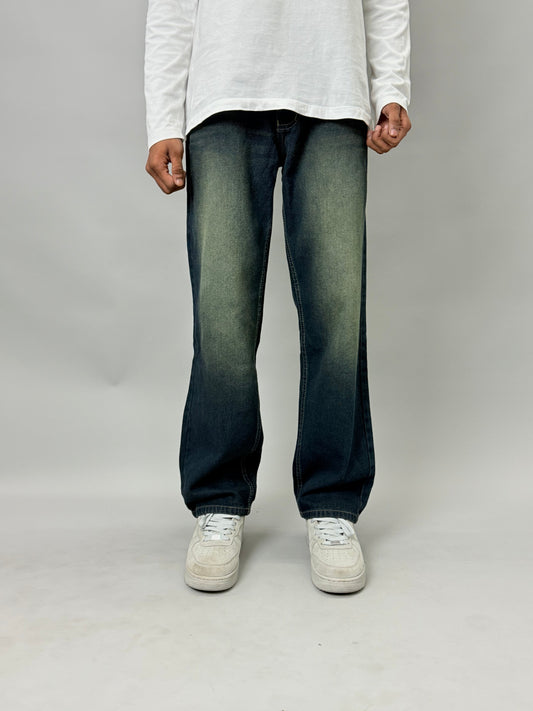 Dark Indigo Yellow-Fade Baggy Jeans