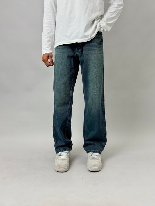 Dark Blue Greenish-Yellow Fade Baggy Jeans