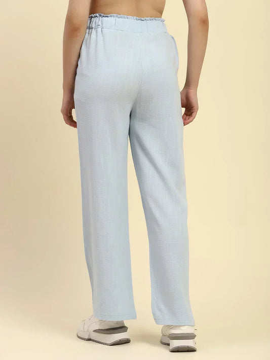 Blue Solid Cotton Linen Relaxed Fit Trouser