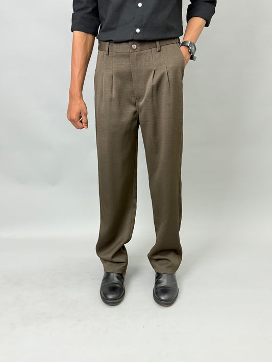 Olive Green Straight Fit Textured Formal Pants