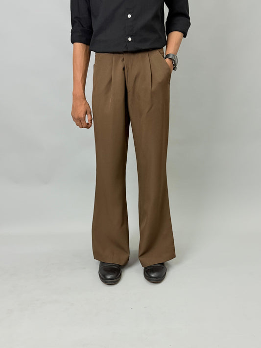 Brown Pleated Wide-Leg Formal Pants