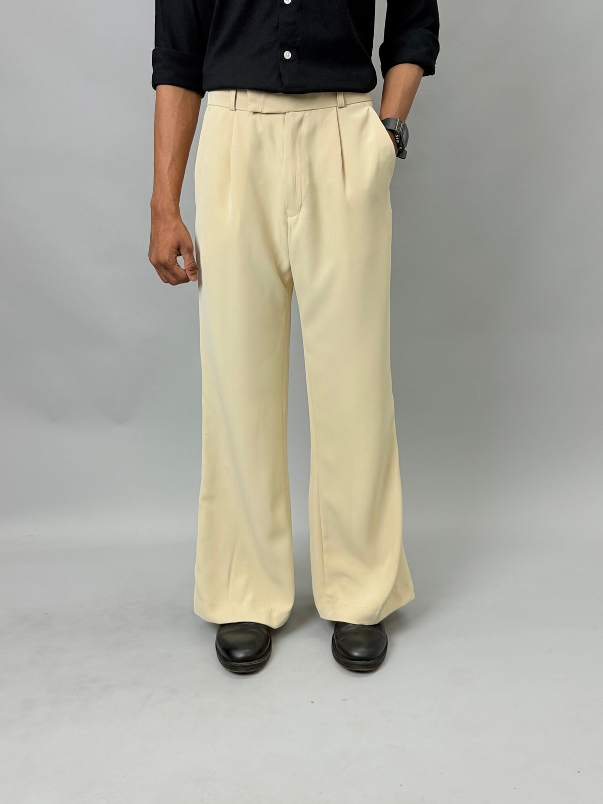 Cream Pleated Wide-Leg Formal Pants