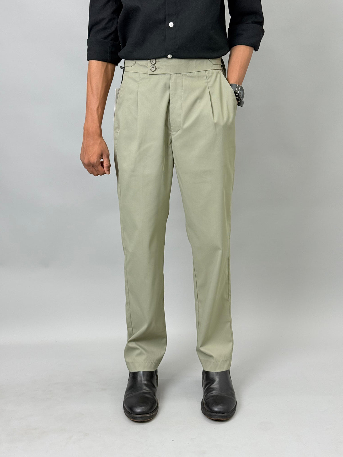 Olive Green Straight Fit Pleated Gurkha Pants