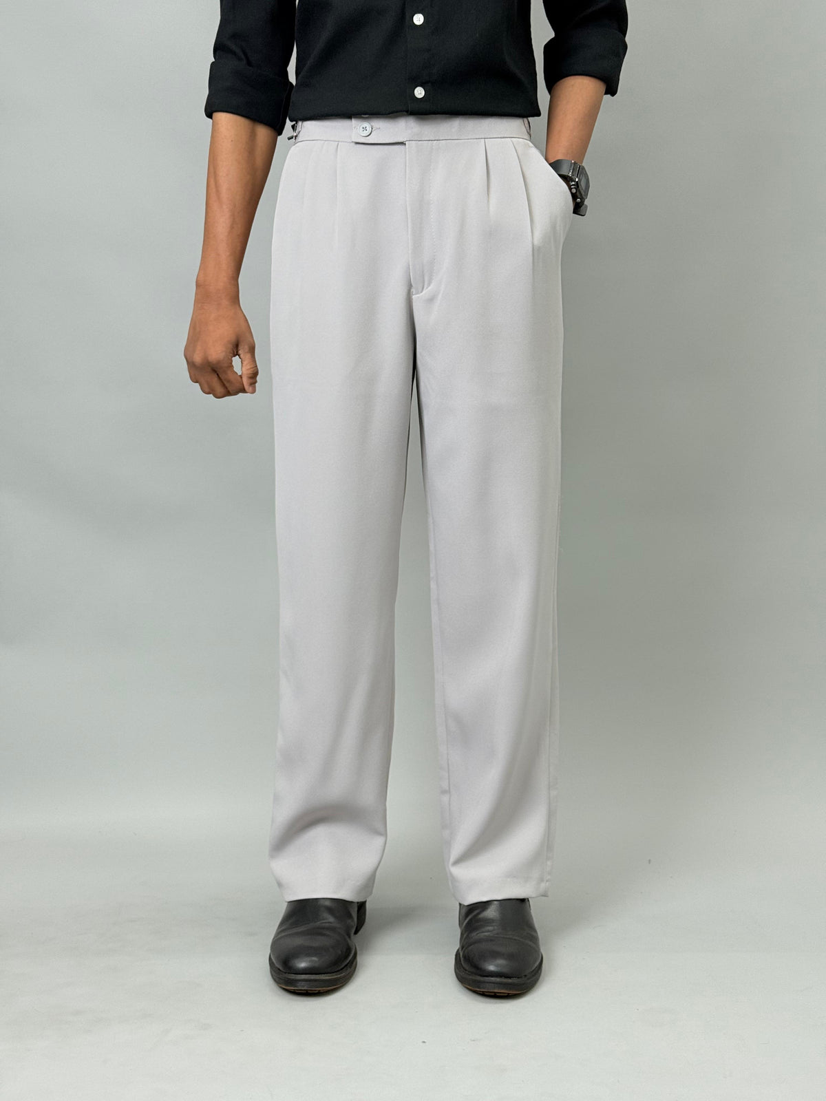 Light Grey Straight Fit Pleated Gurkha Pants
