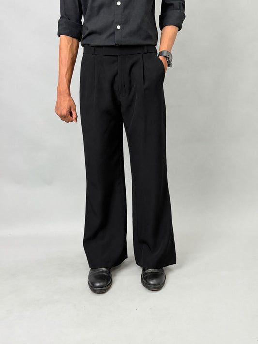 Black Pleated Wide-Leg Formal Pants