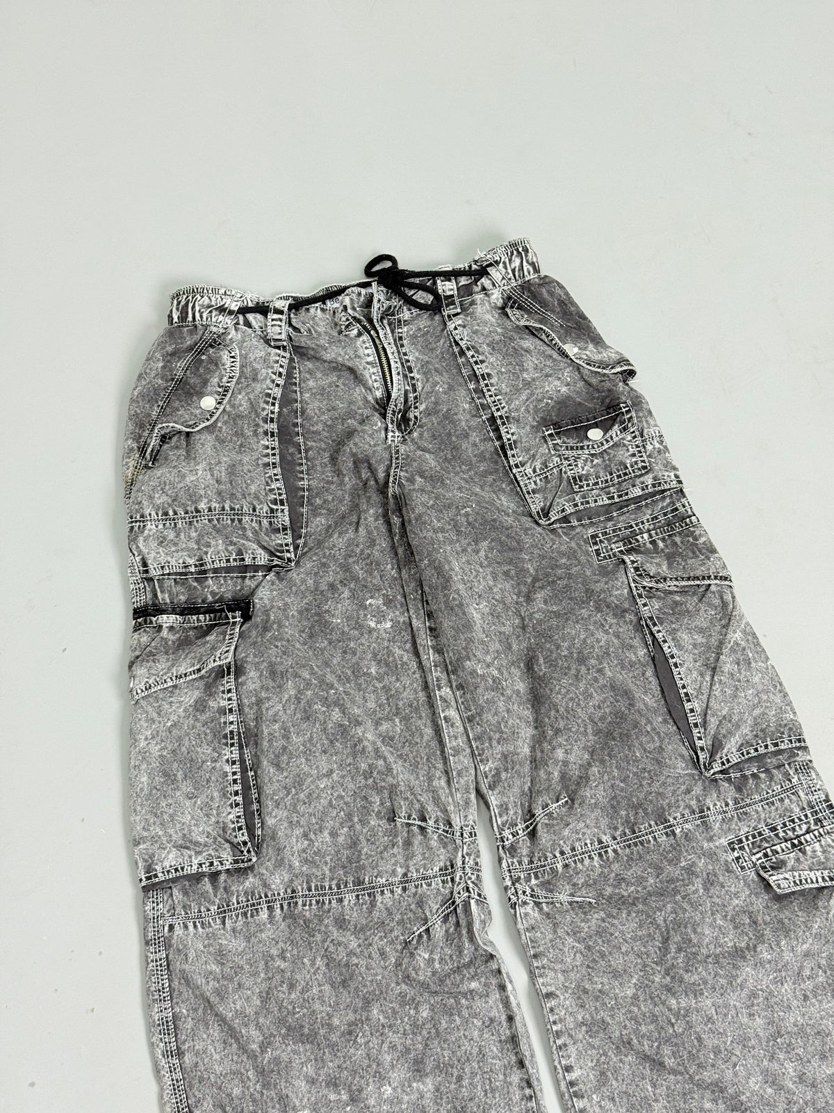 Grey Acid-Wash Wide Leg Cargo Pants