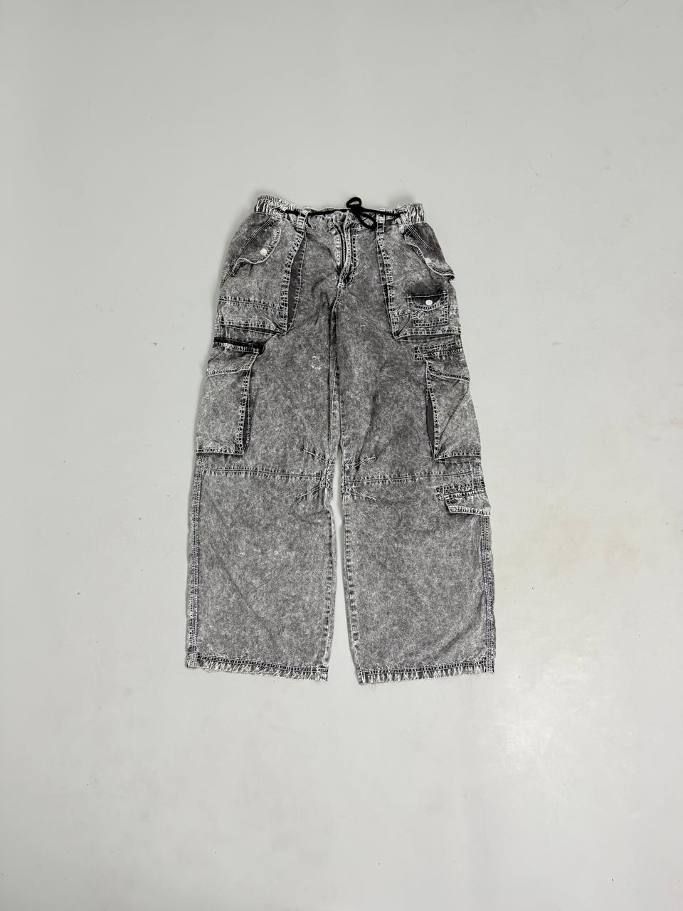 Grey Acid-Wash Wide Leg Cargo Pants