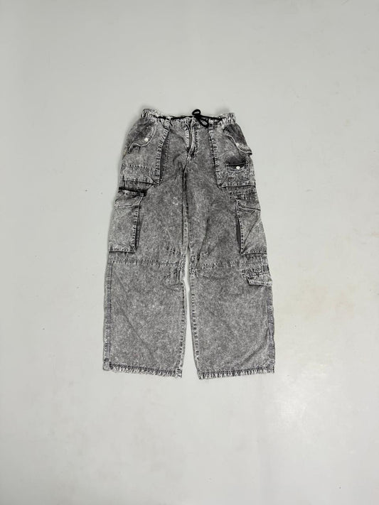 Grey Acid-Wash Wide Leg Cargo Pants