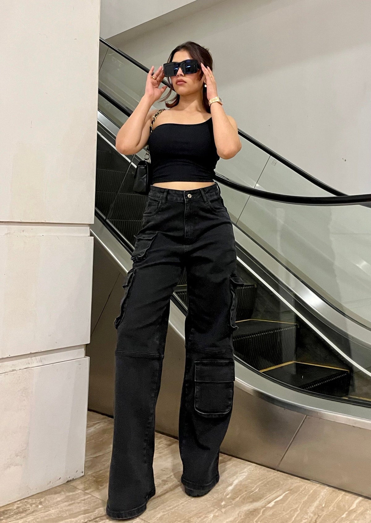 So Black Pocket Details High Waist Cargo Jeans