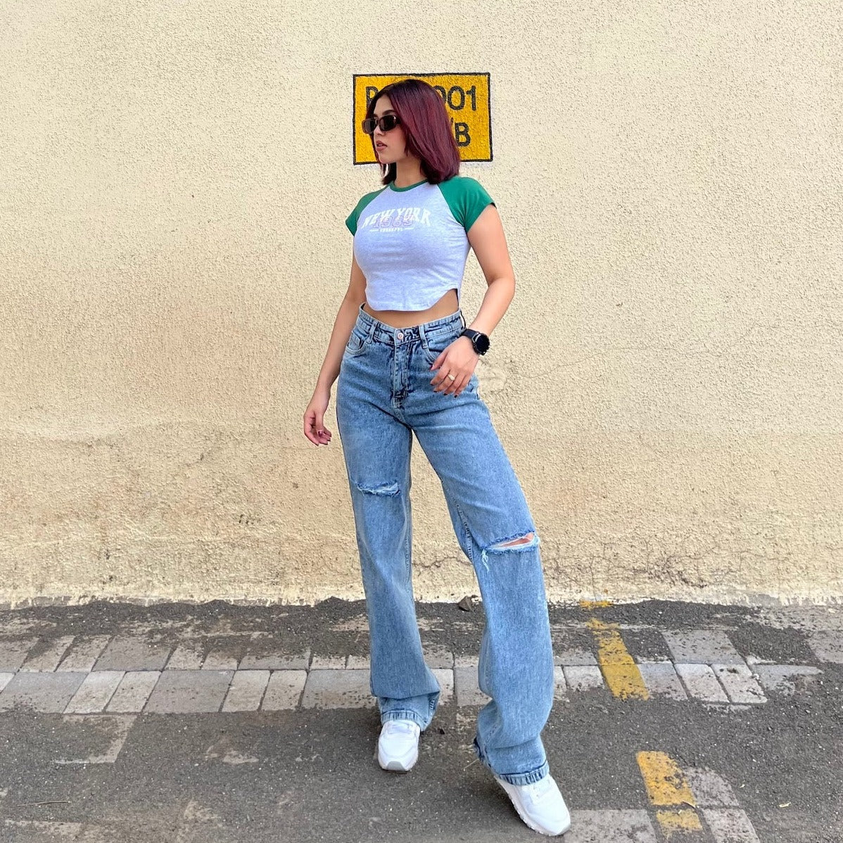 Blue Basic Ripped Straight Leg High Rise Jeans