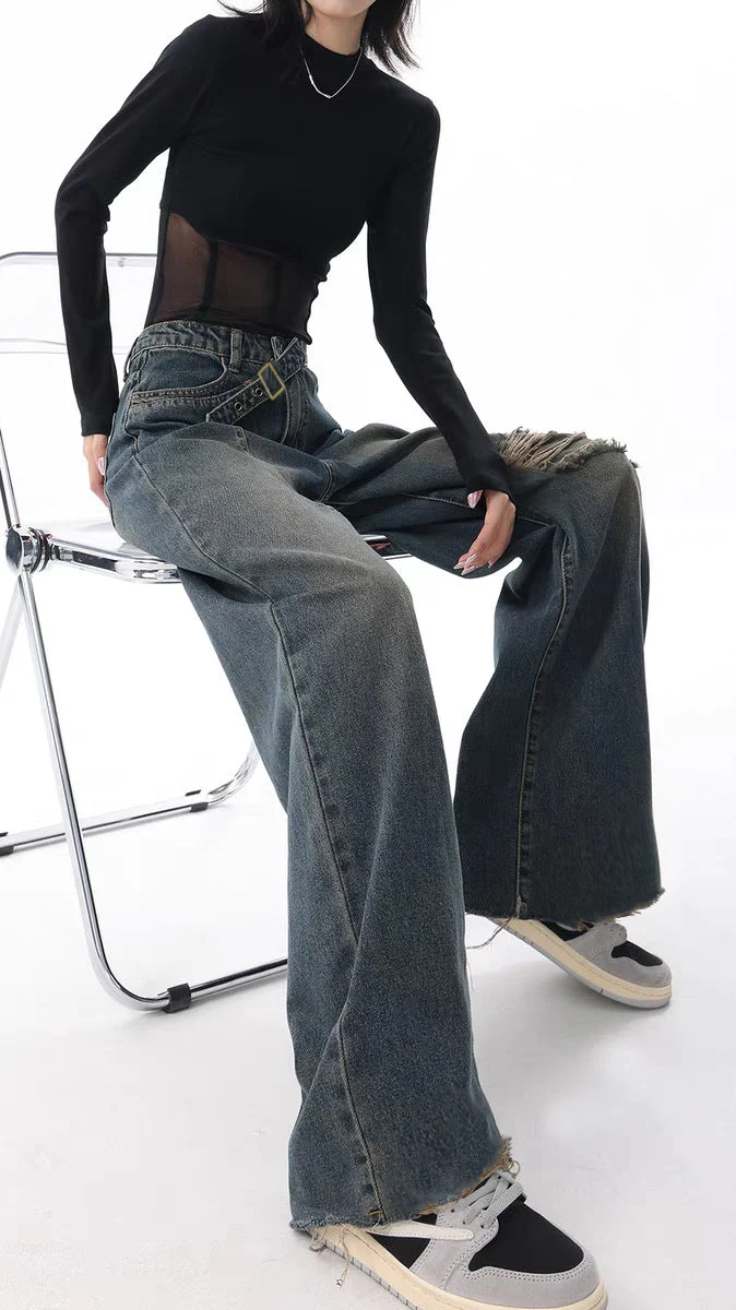 Off Beat Distressed Blue Baggy Jeans
