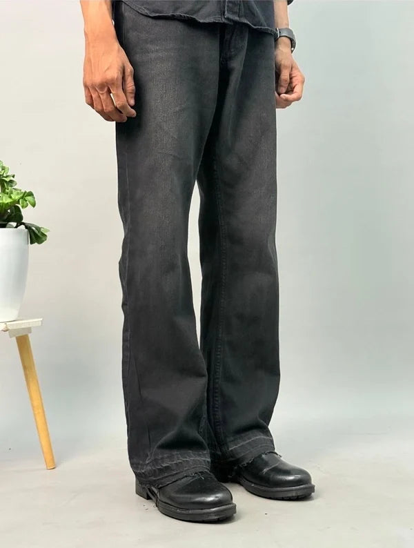Faded Black Patch-Hem Relaxed Jeans