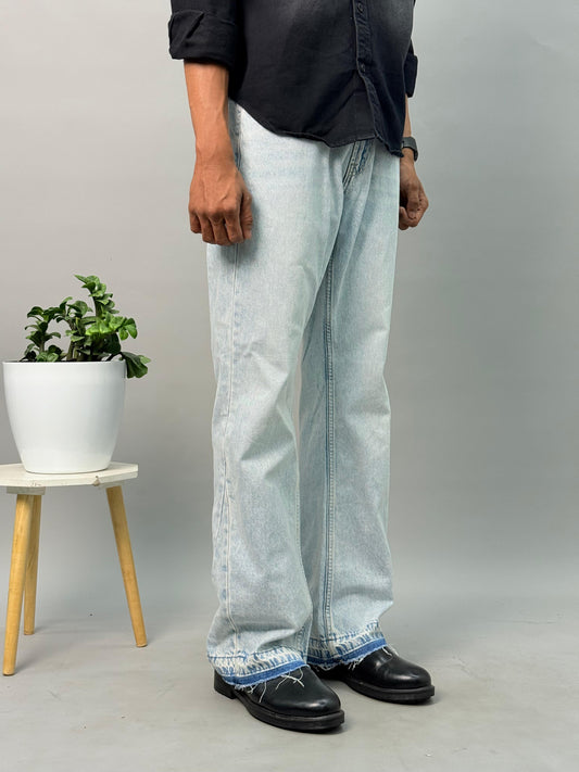 Light Blue Raw-Distressed Wide-Leg Jeans