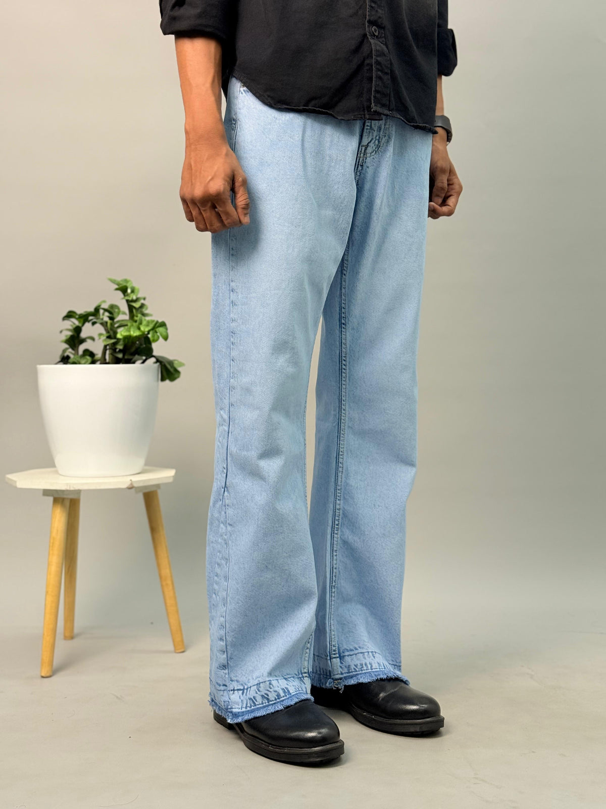 Light Blue Distressed Wide-Leg Jeans