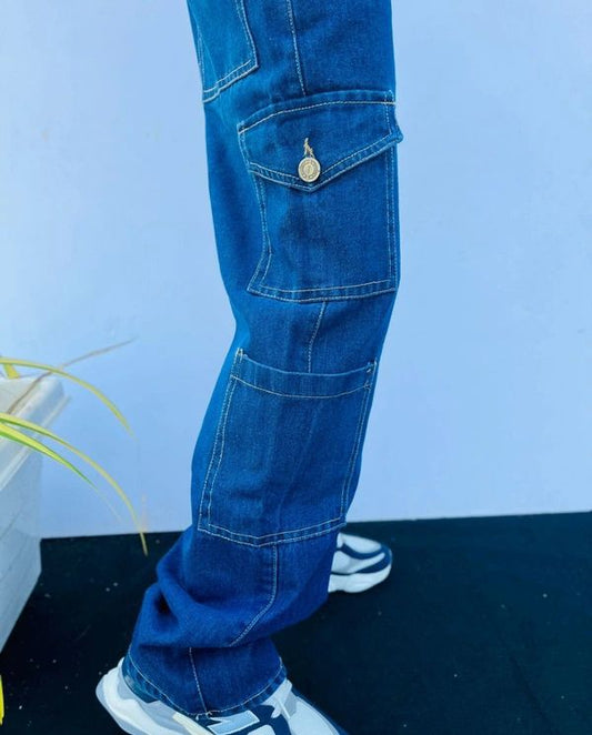 Deep Blue Contrast-Stitch Cargo Baggy Pants