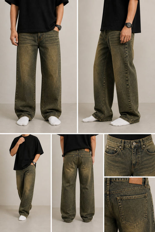 Olive-Brown Dirty-Wash Baggy Jeans