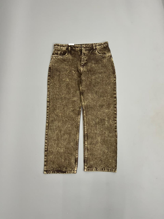 Brown-Khaki Acid-Wash Mom Fit Jeans