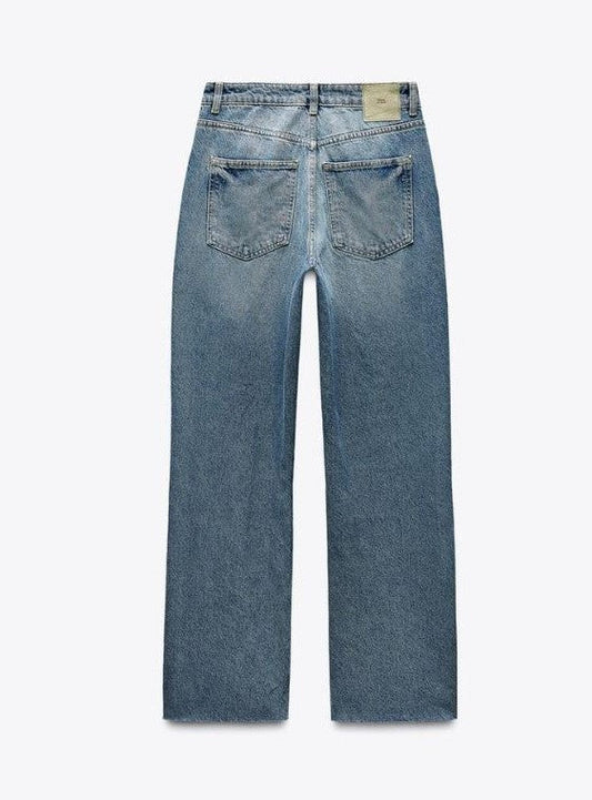 DARK BLUE STRAIGHT-LEG HIGH-WAIST JEANS
