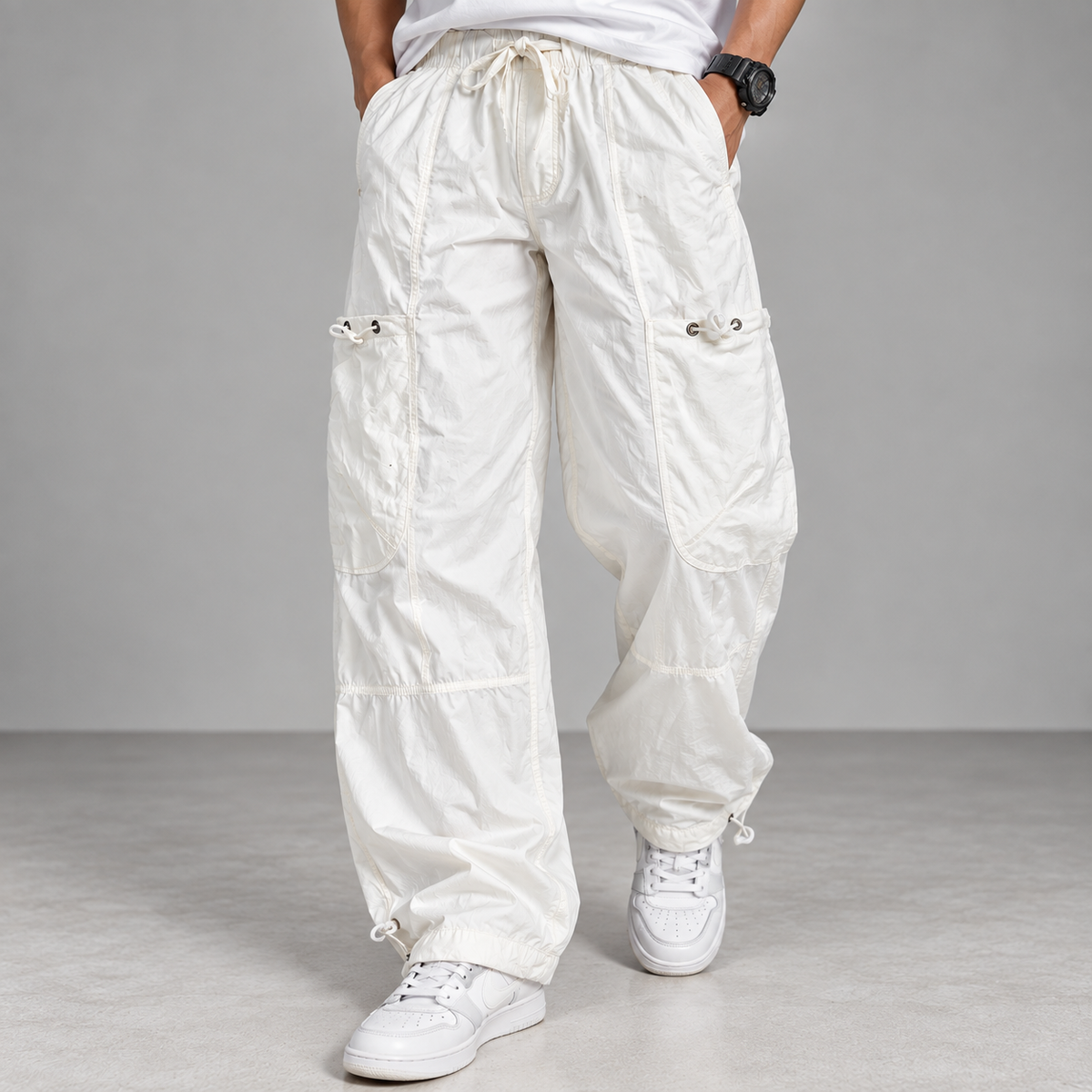 White Cargo Parachute Baggy Pants
