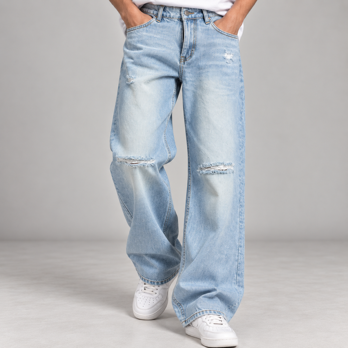 Light Blue Distressed Knee-Cut Baggy Jeans