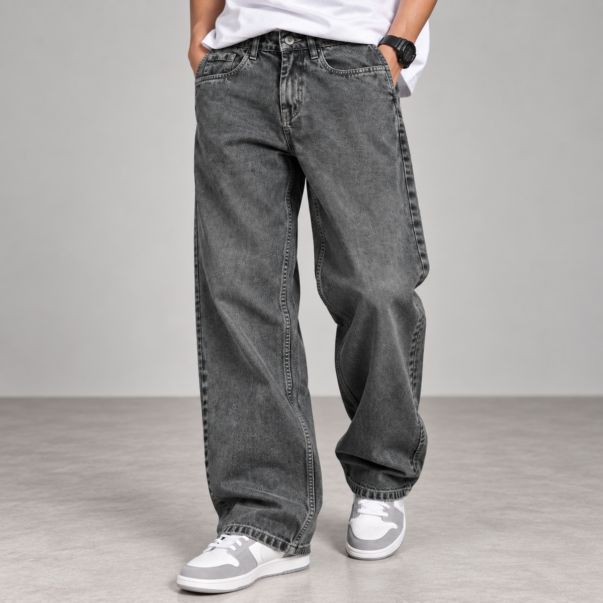 Charcoal Baggy Fit Acid-Wash Jeans