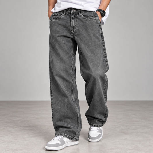 Charcoal Baggy Fit Acid-Wash Jeans