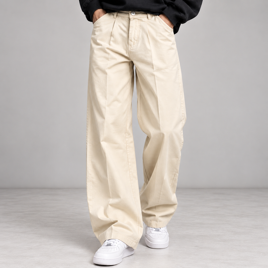 Cream Pleated Wide-Leg Trousers