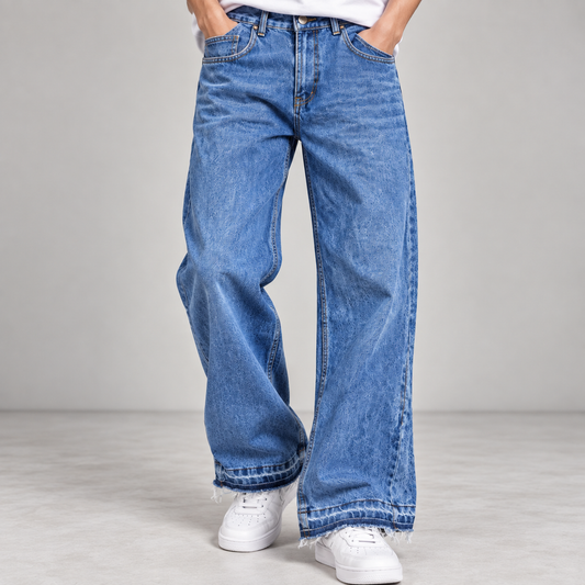 Mid-Blue Patch-Hem Relaxed Jeans